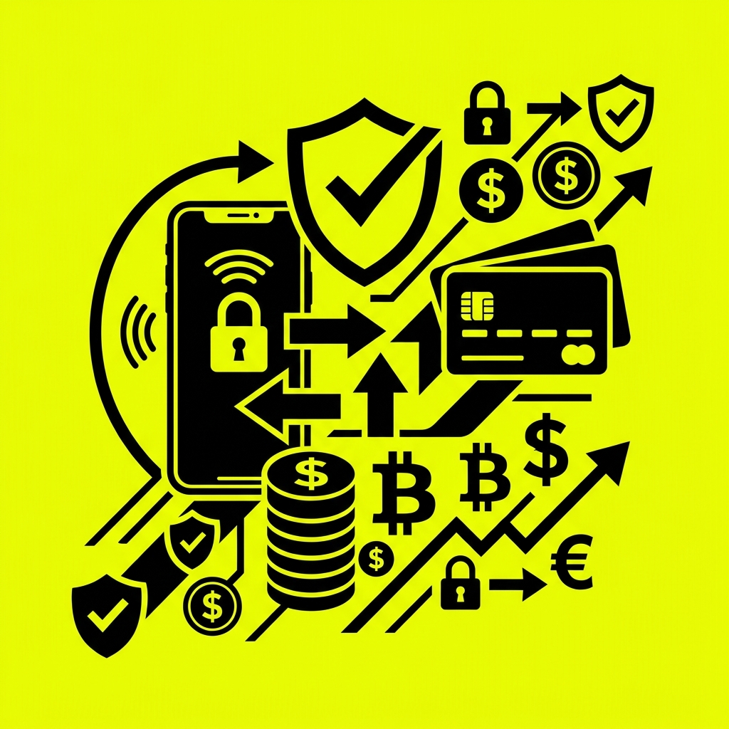 Payments and cashier illustration featuring cards, currency symbols and security icons in Parimatch style